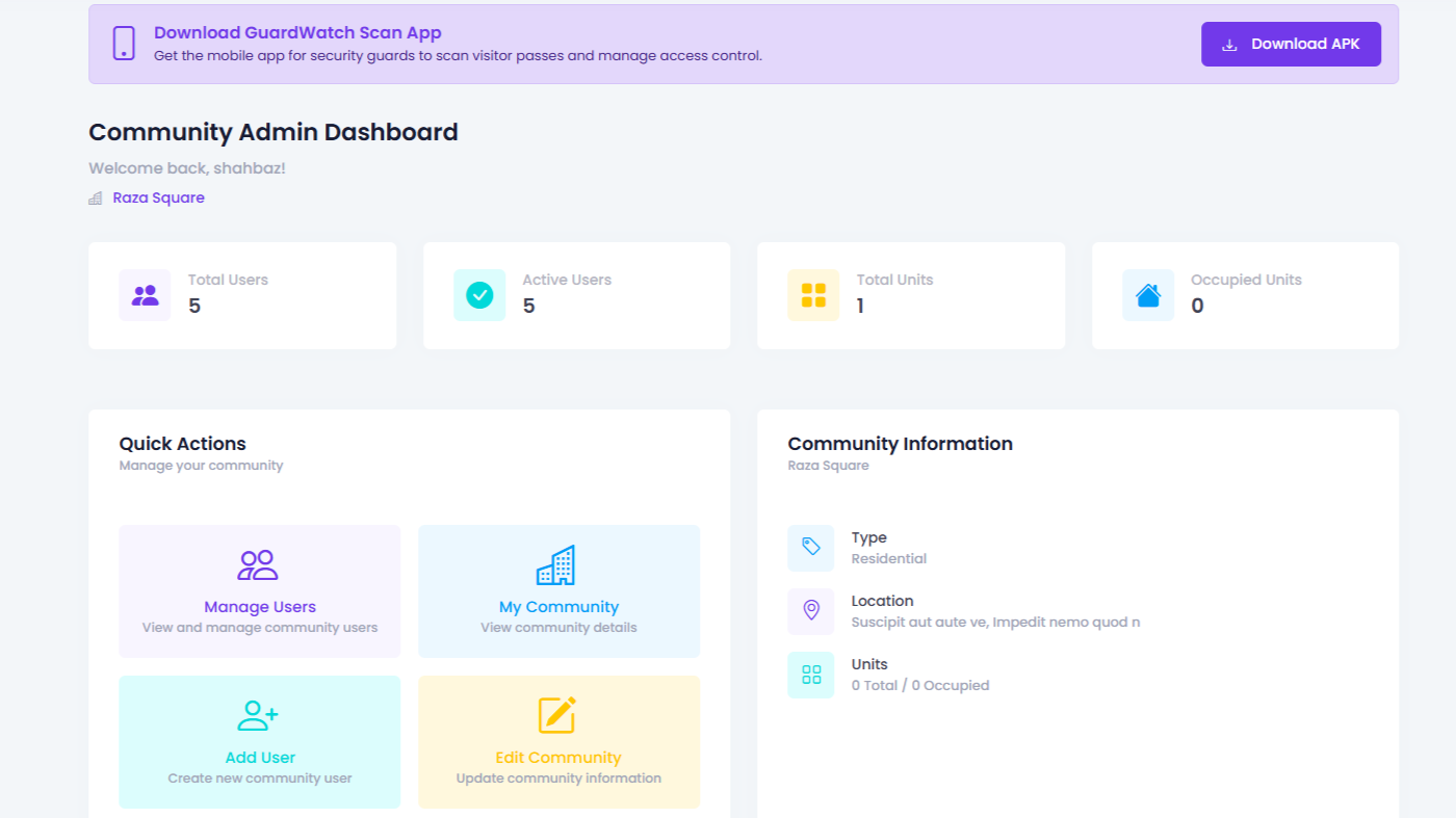 GuardWatch gated community dashboard