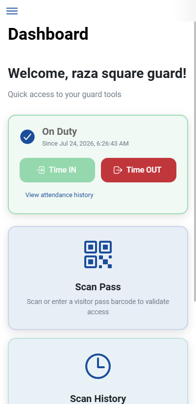 GuardWatch guard app — Time IN / Time OUT screen